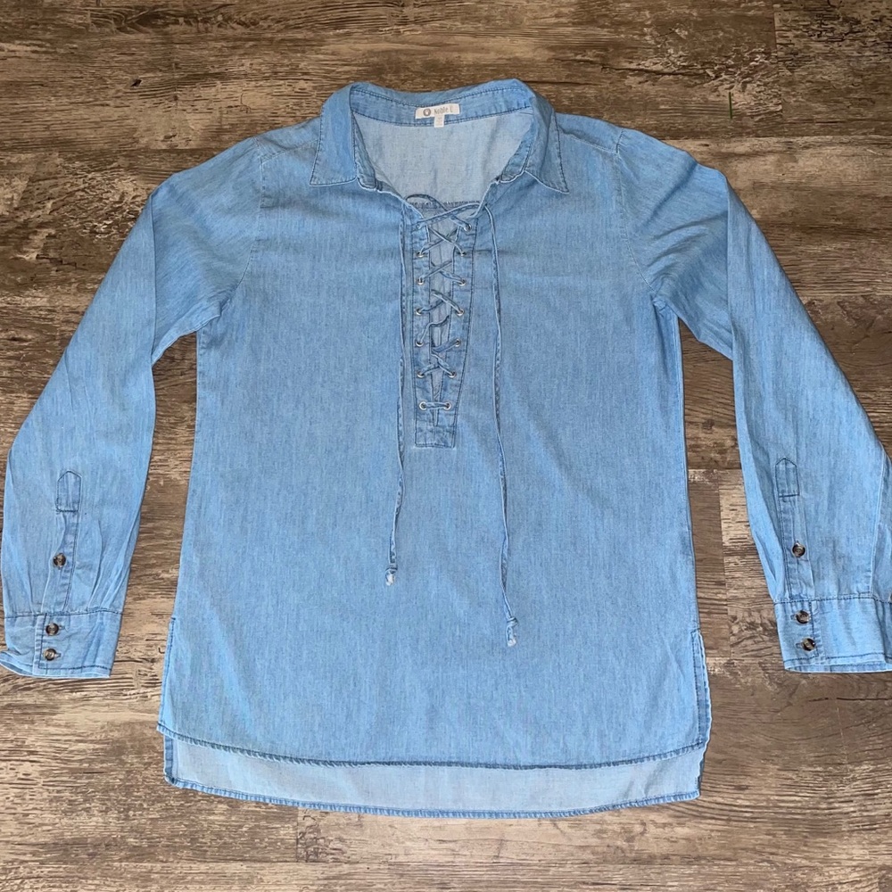 Denim deep V lace up top